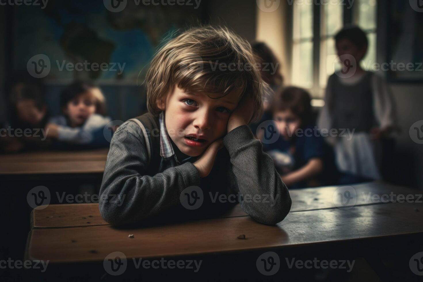 AI generated a young boy sitting at a desk in front of a classroom photo