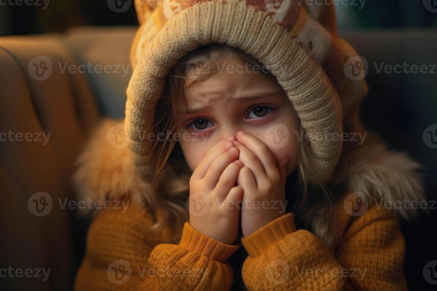 AI generated a little girl in a sweater is covering her face photo