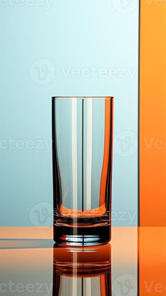 AI generated Empty Glass on a Blue and Orange Background. Minimalist. Simplicity and Sophistication for Modern Decor. photo