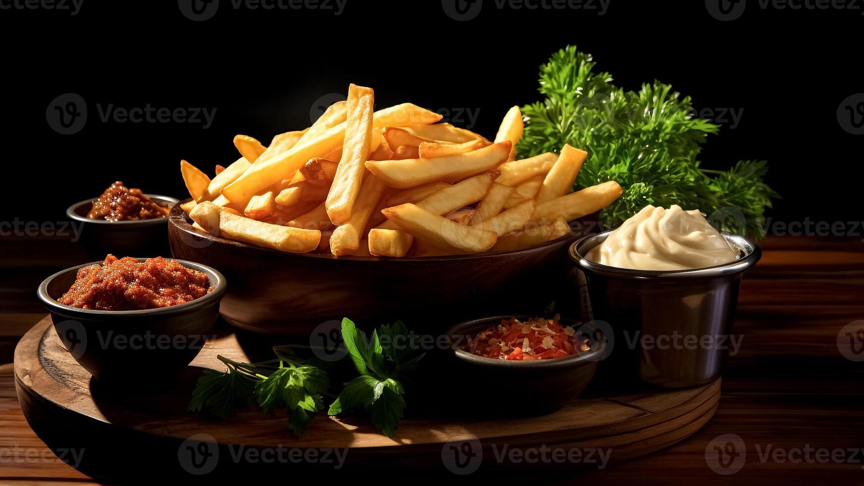 AI generated French Fries with Mayonnaise and Snacks on a Wooden Table. Crispy Golden Delight, Perfect for Restaurant Menu. photo