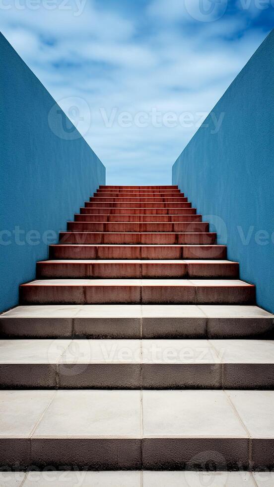 ai generado escalera en azul pared con azul cielo. moderno arquitectura y urbano diseño concepto. foto