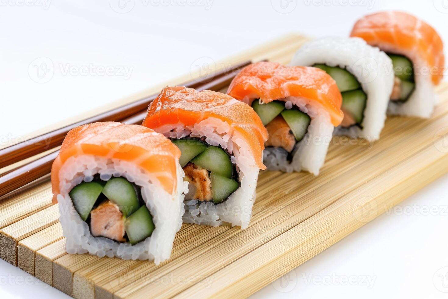 AI generated Maki Sushi Rolls on bamboo board isolated on White background photo