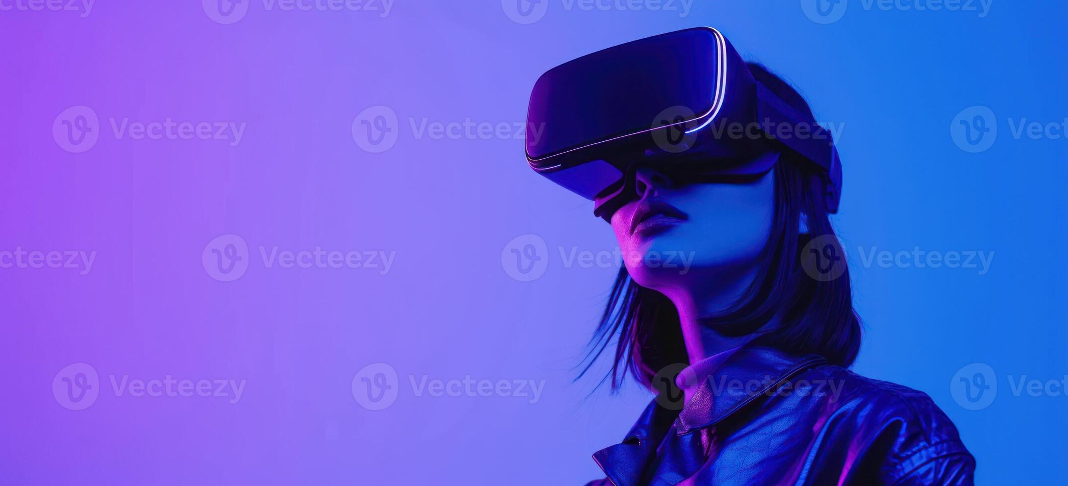 AI generated woman with virtual VR glasses in blue background photo