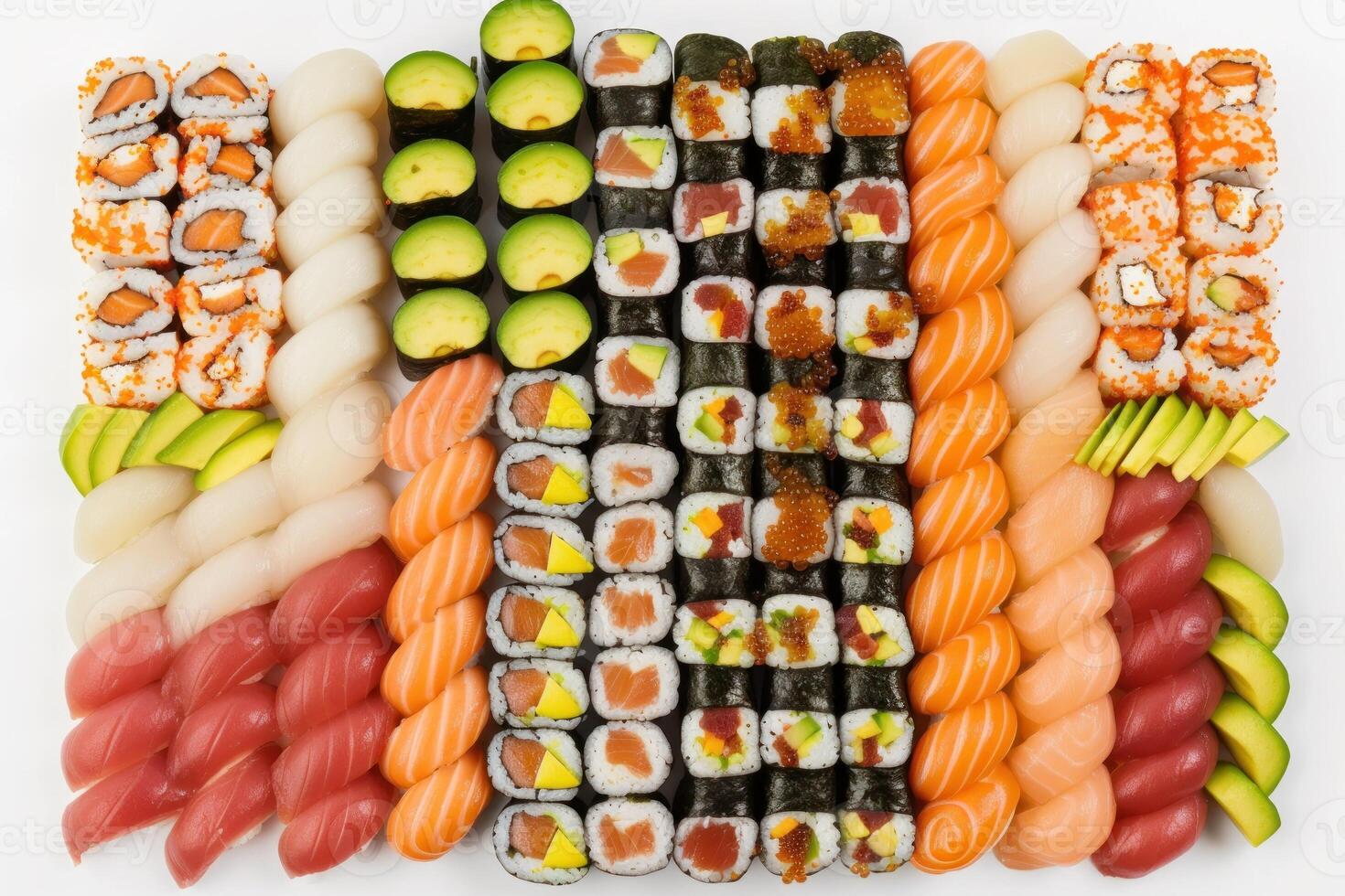 AI generated japanese sushi food. Maki ands rolls with tuna, salmon, shrimp, crab and avocado. photo