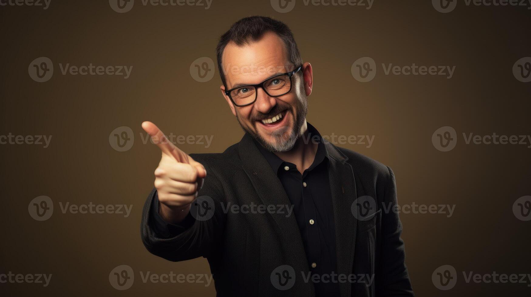 AI generated a man with glasses and a black suit is pointing at something photo