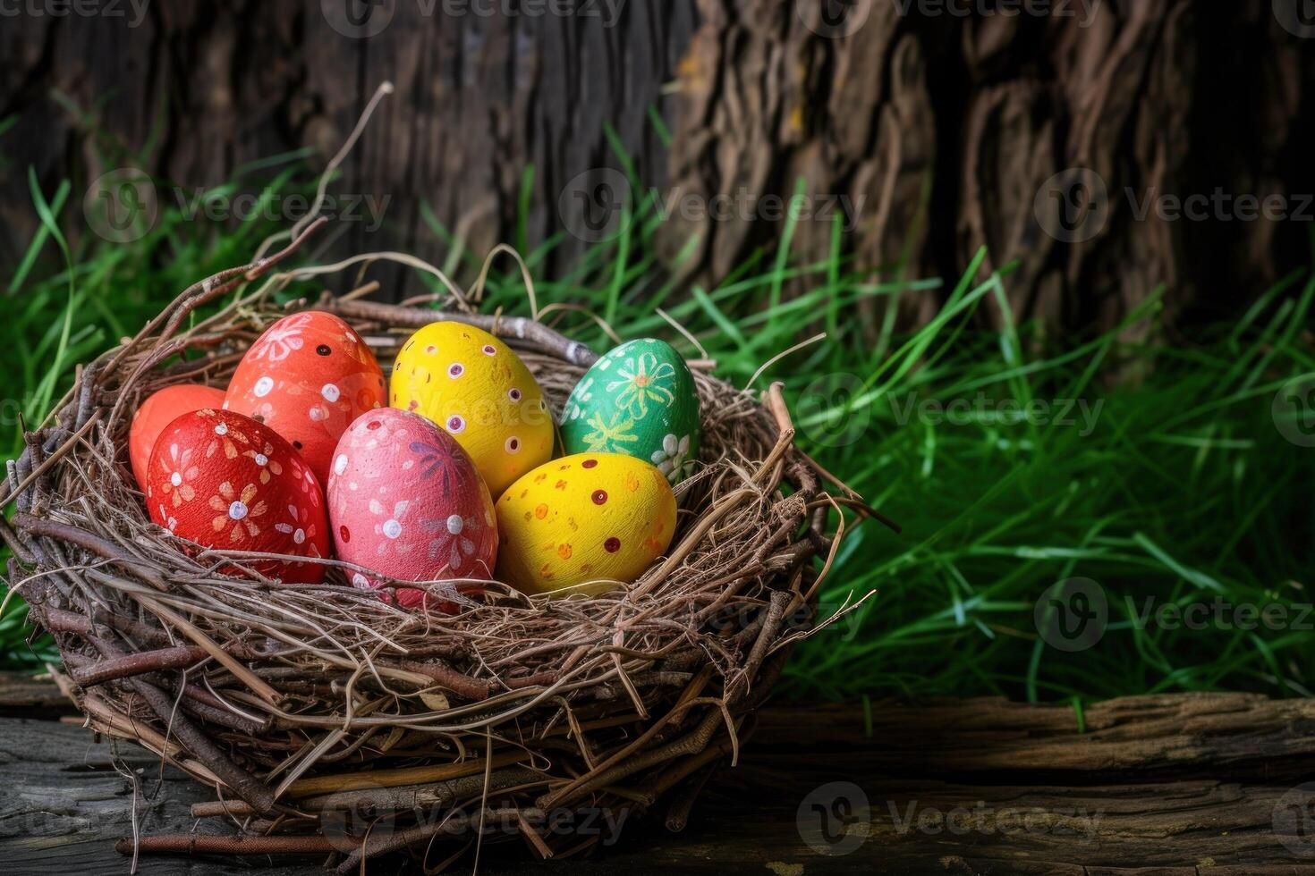 AI generated Colorful painted happy easter eggs in birds nest basket on rustic wooden photo