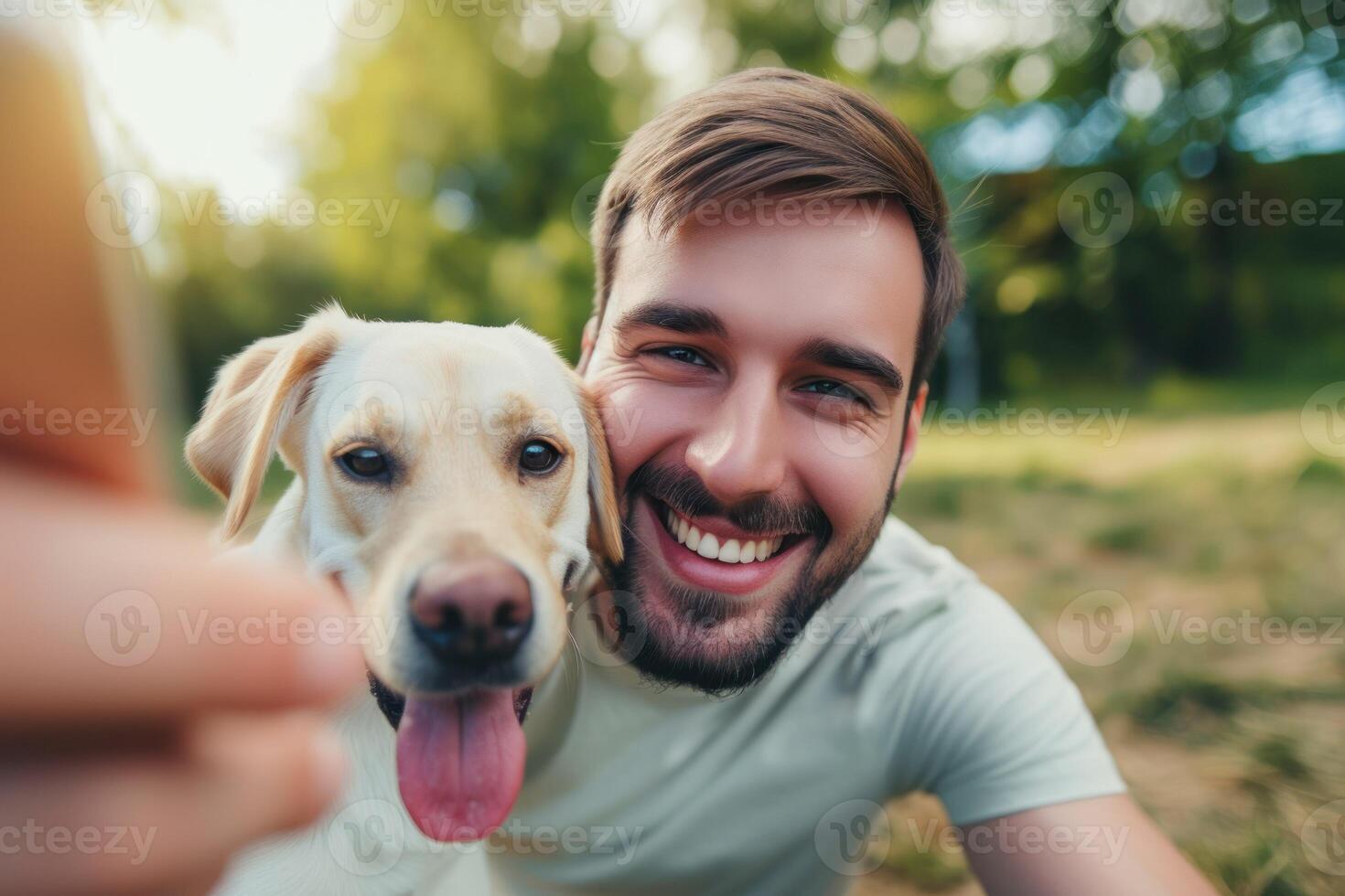 AI generated Young man is playing with a dog and do selfie photo