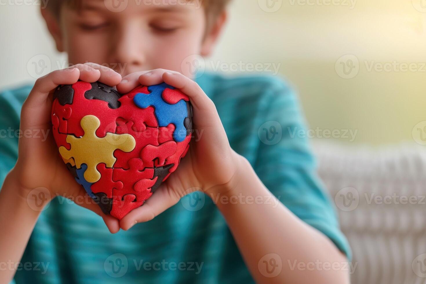 AI generated Kid boy hands holding puzzle heart, child mental health concept photo