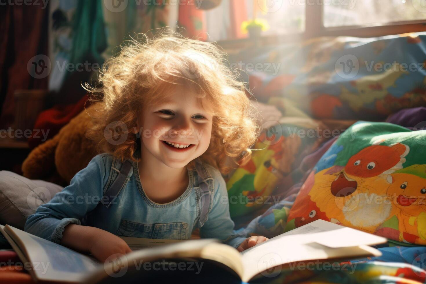 AI generated Child lying on a blanket, reading a book. photo