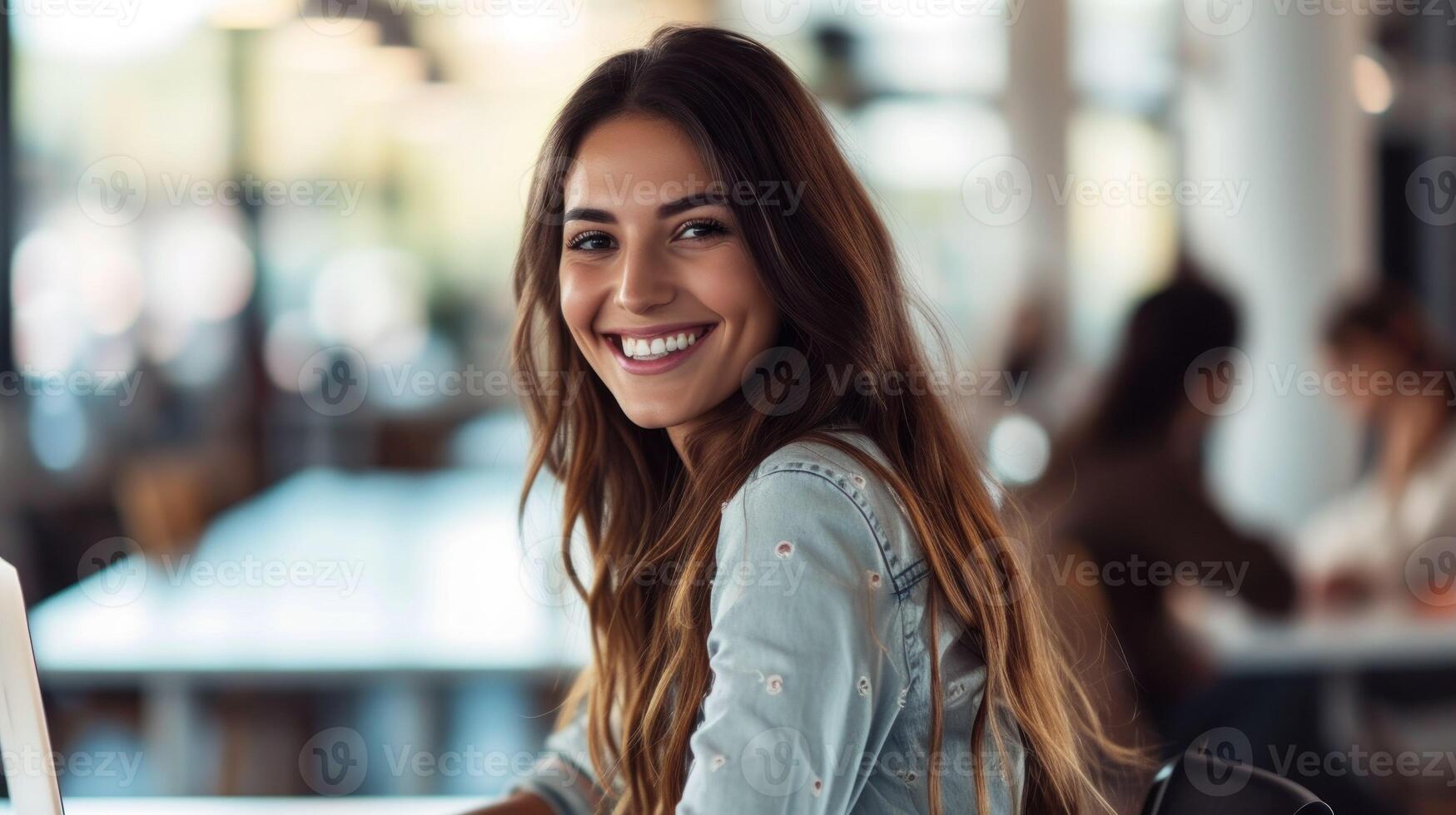 ai generado hermosa alegre joven mujer mirando adelante con ordenador portátil foto