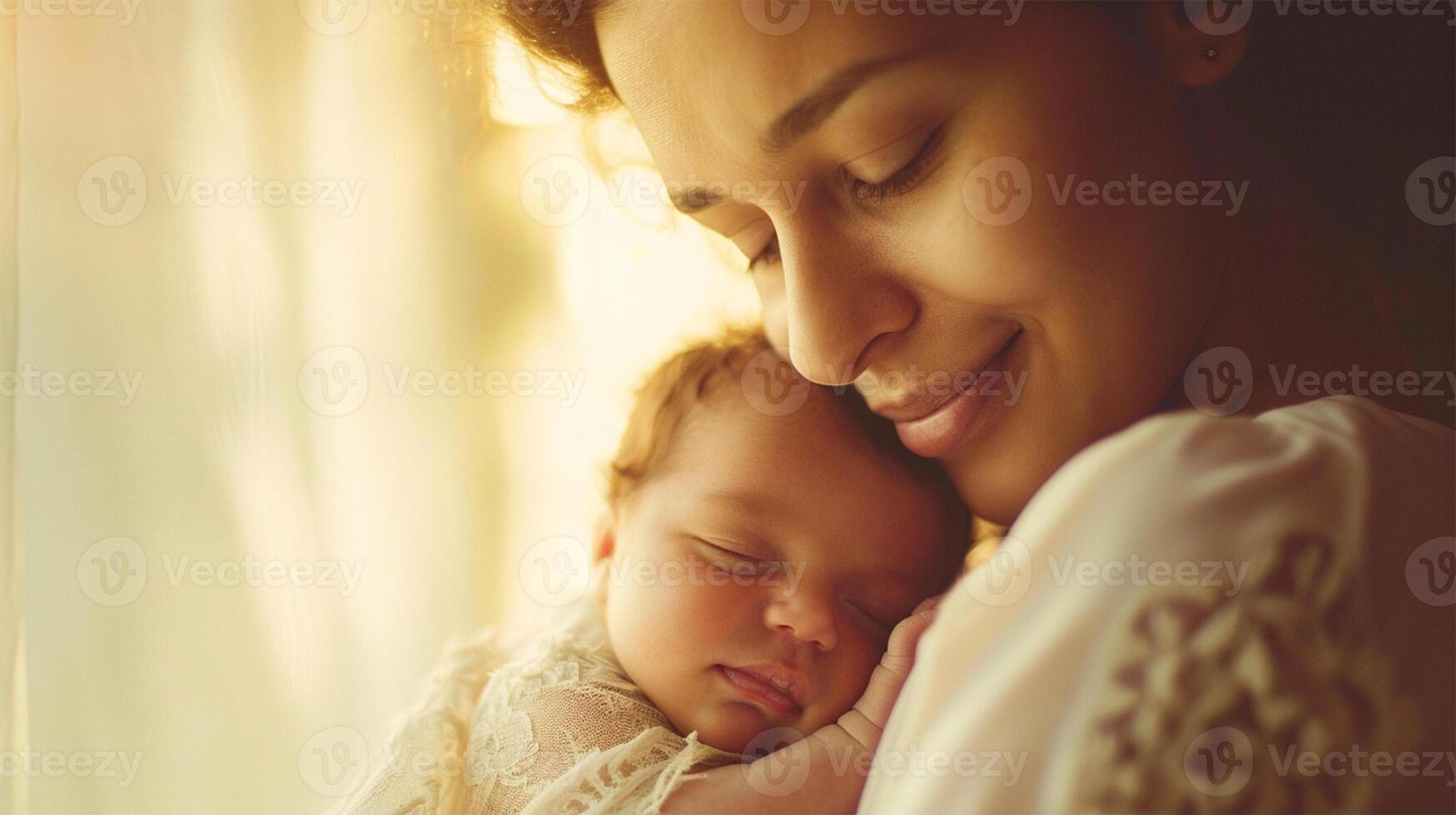 AI generated Maternal Embrace at Dawn. A tender moment as a mother cradles her sleeping baby in the soft morning light. photo