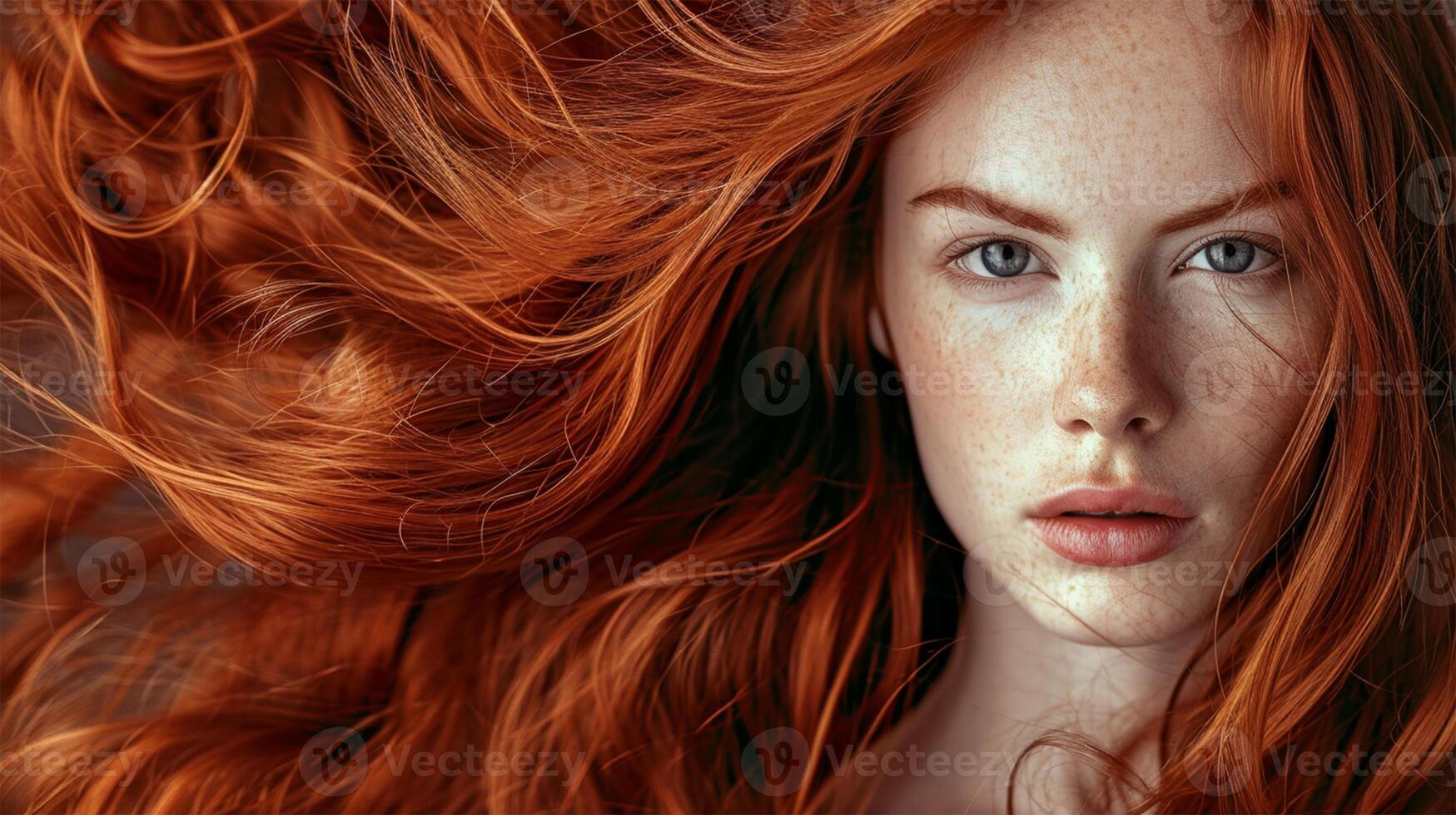 AI Generated Shiny long beautiful hair. Intense gaze of a woman with vibrant red hair flowing freely. photo