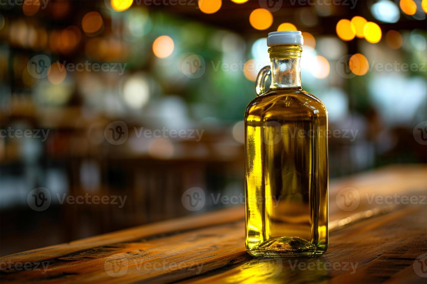 ai generado un vaso botella de aceituna petróleo en un rústico de madera restaurante mesa, calurosamente iluminado. foto