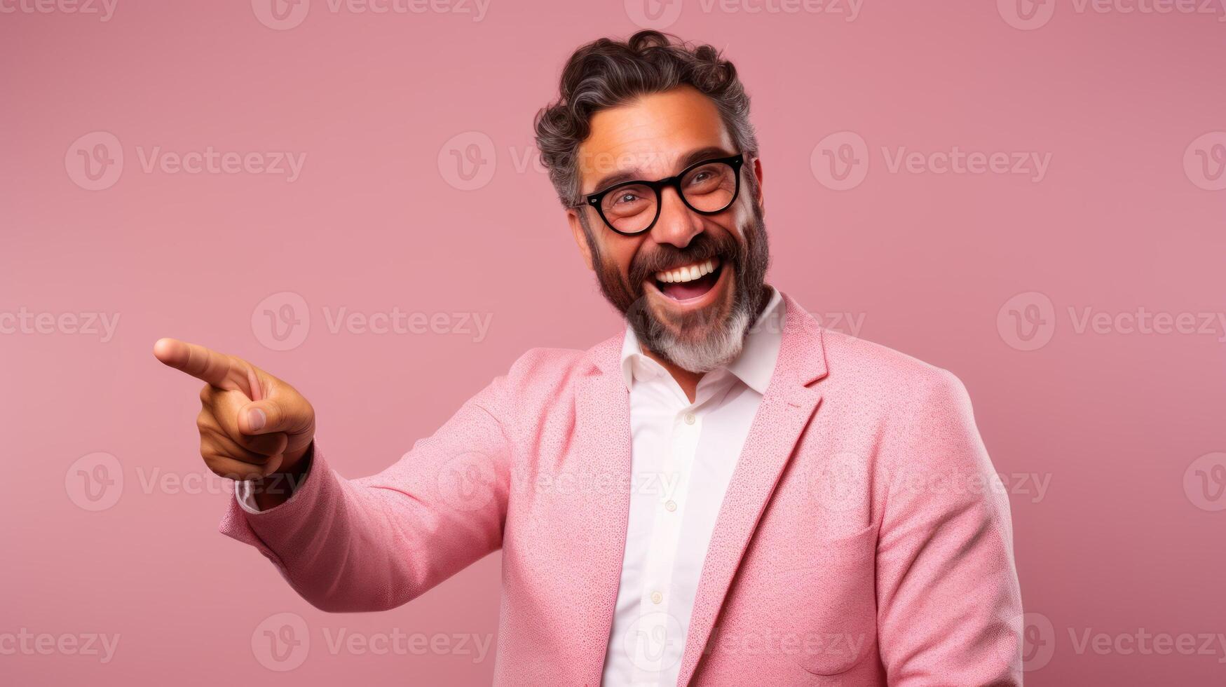 AI generated Man dressed in pink, smiling, pointing somewhere. photo