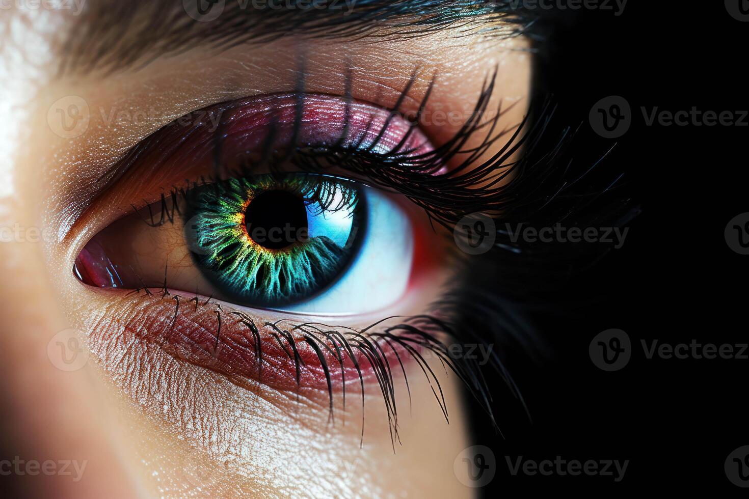 AI generated a close up of a woman's eye with a green and blue eye photo