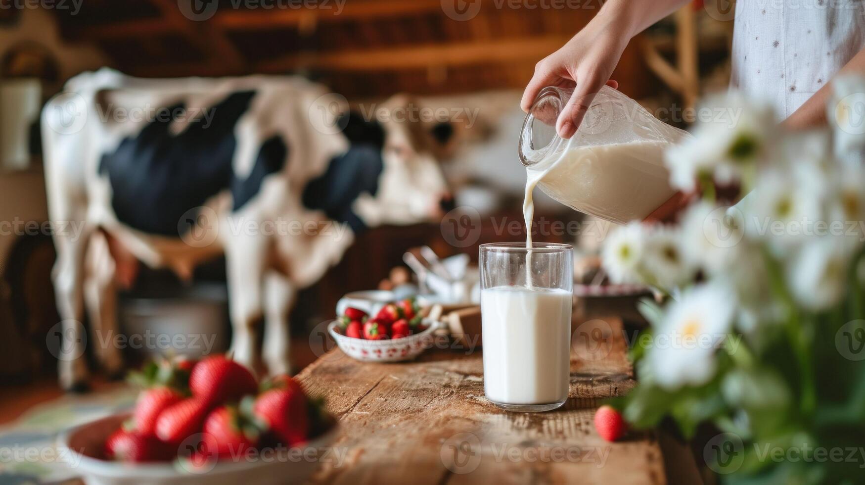 AI generated a woman is pouring milk into a glass photo