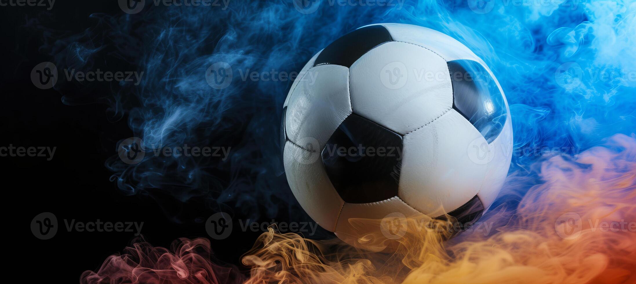 AI generated Soccer ball with colorful smoke on black background   copy space for text placement photo