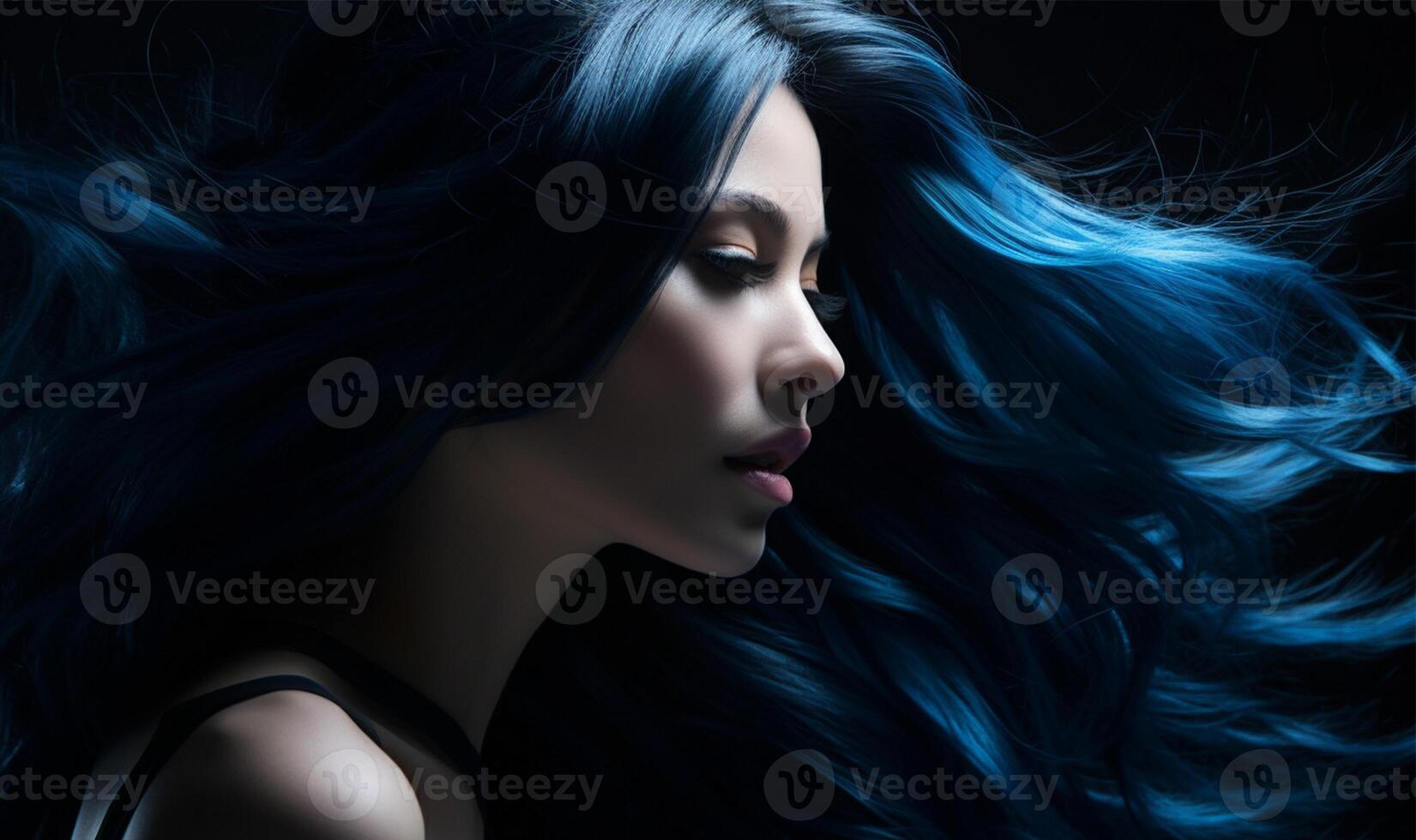 ai generado misterioso mujer con azotado por el viento, profundo azul pelo en perfil vista. foto