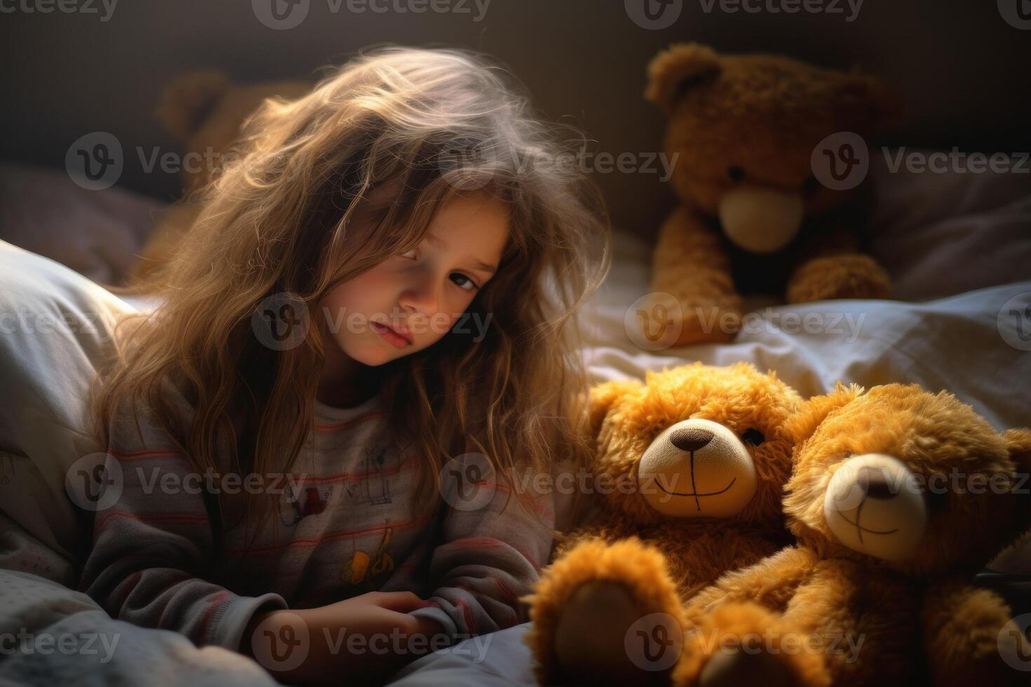 AI generated a little girl sitting on a bed with two teddy bears photo