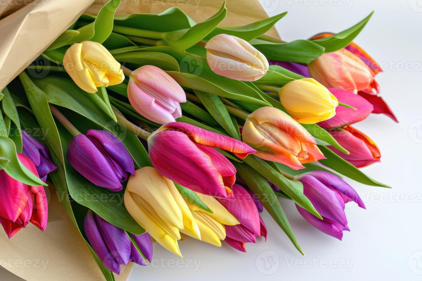 AI generated Bouquet of spring tulips with flowers of different colors wrapped in gift paper isolated on white background photo