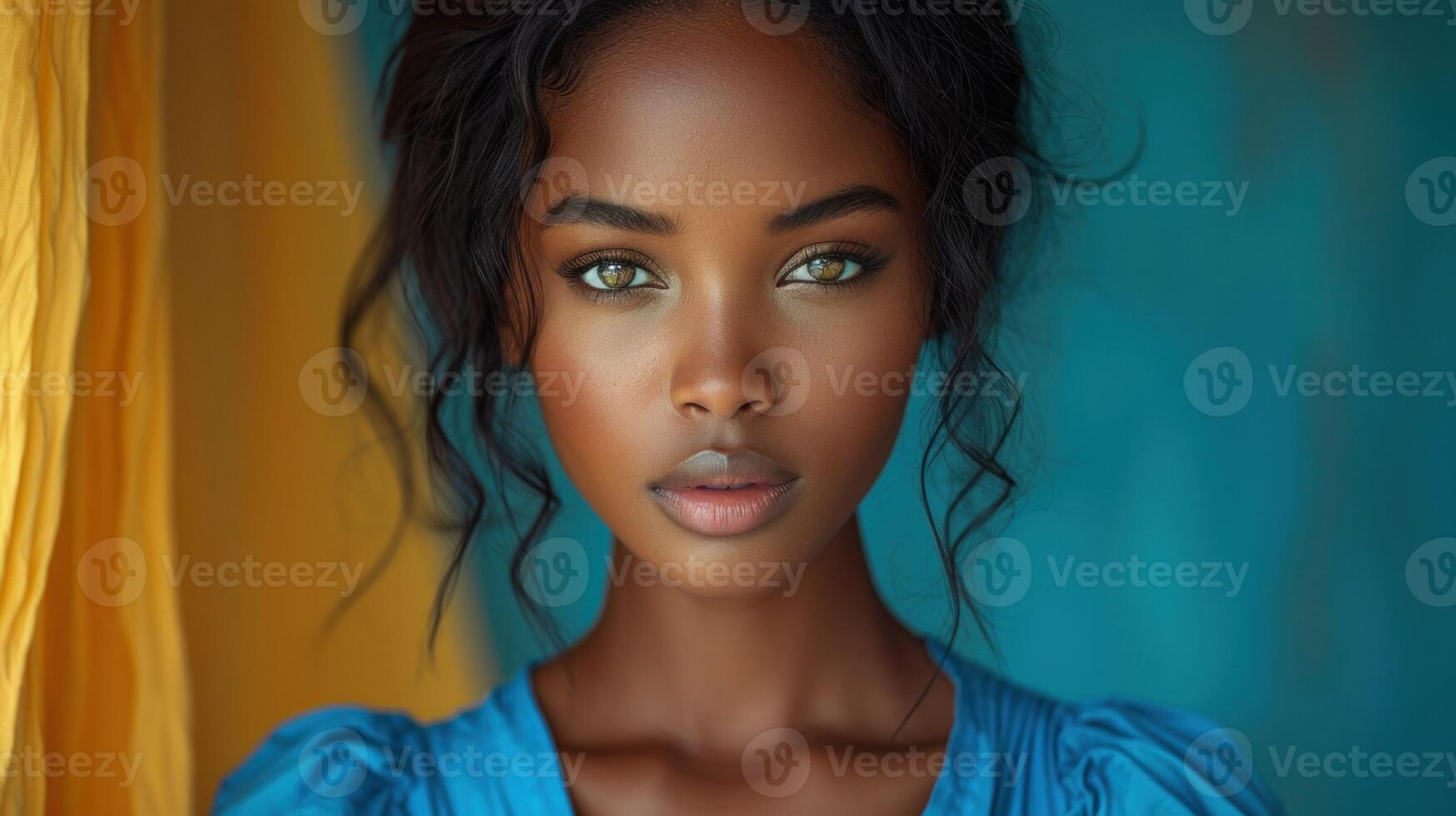 AI generated beautiful black woman with blue dress and yellow curtain photo