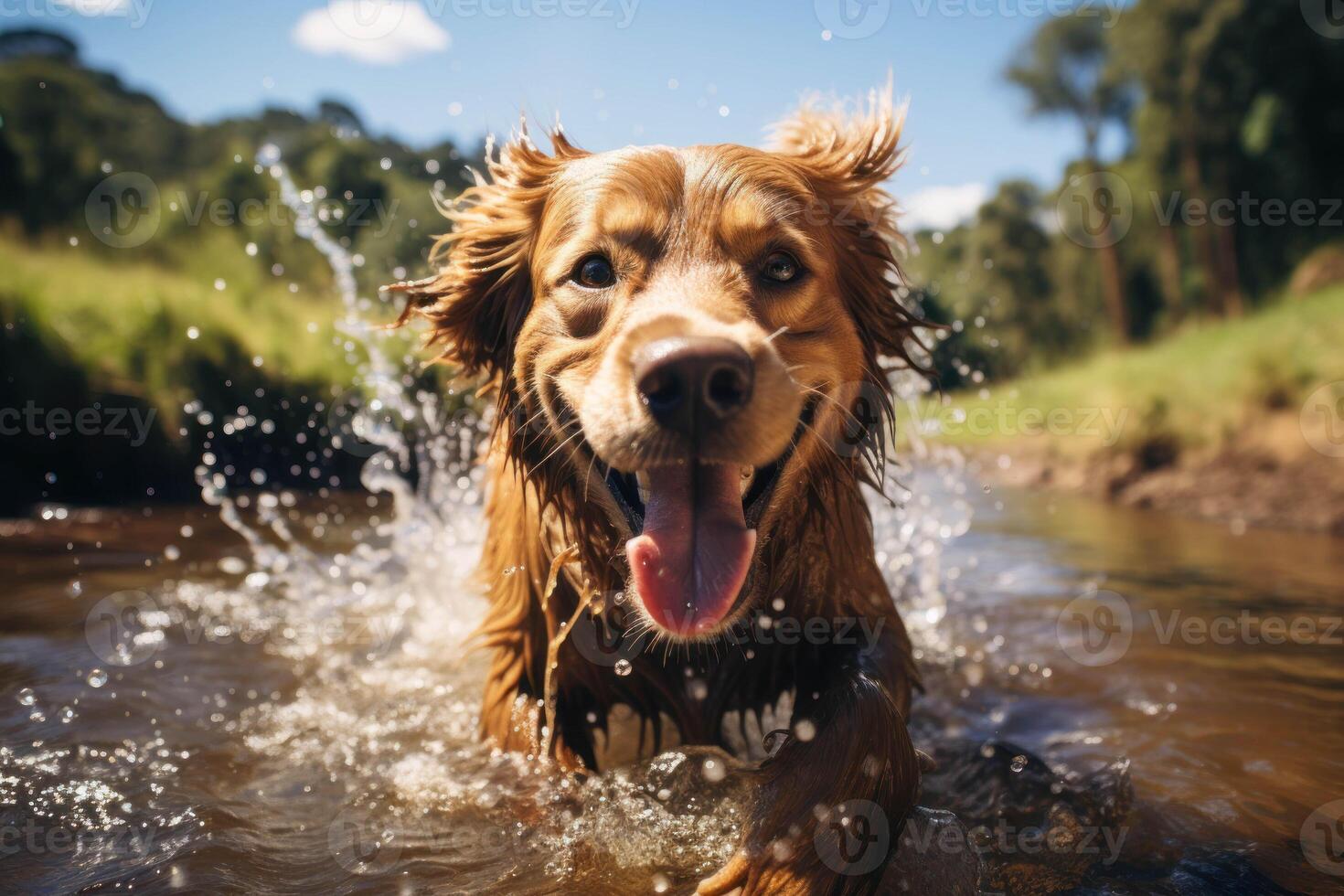 AI generated a dog running through a stream of water photo