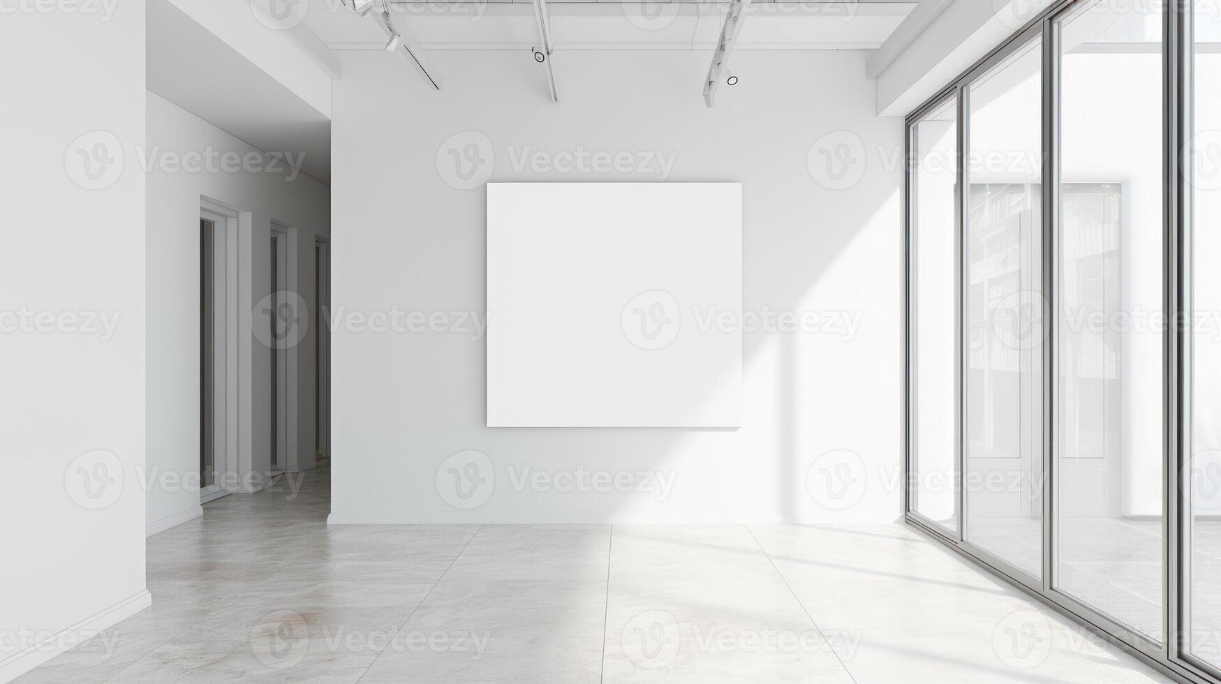 AI generated empty white room with large windows and a blank poster photo