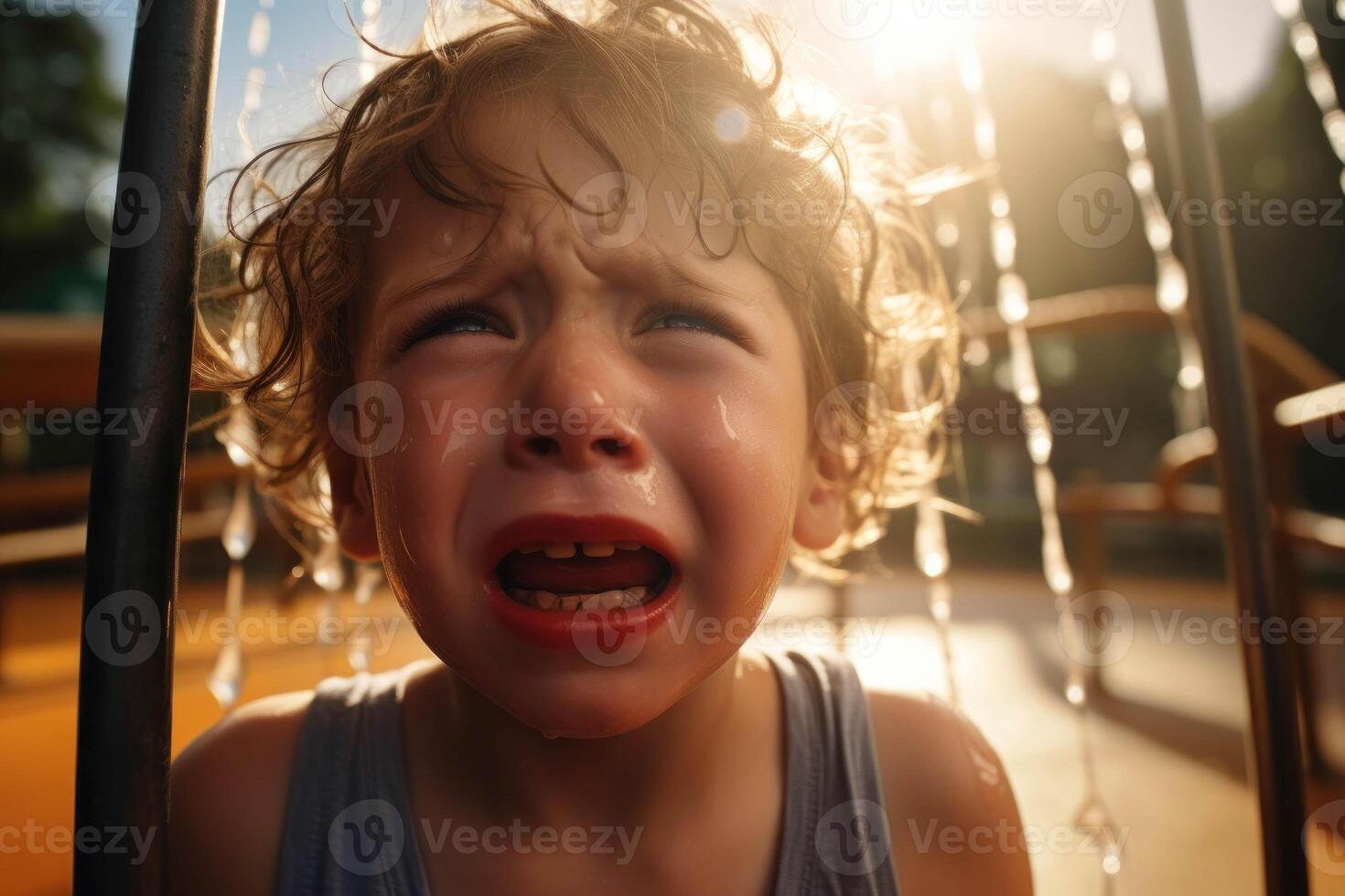 ai generado un joven chico es llorando en el Dom foto