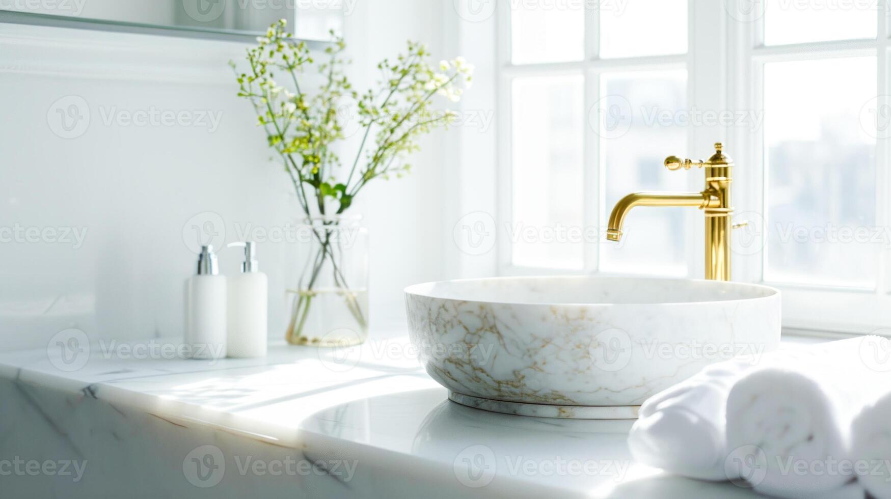 AI Generated  A luxurious marble sink with a golden faucet, beside a window with natural light. photo