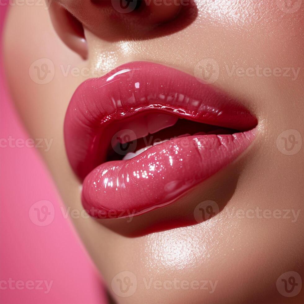 ai generado lustroso rosado labio brillo. de cerca de lustroso rosado labios, maquillaje detalle. foto