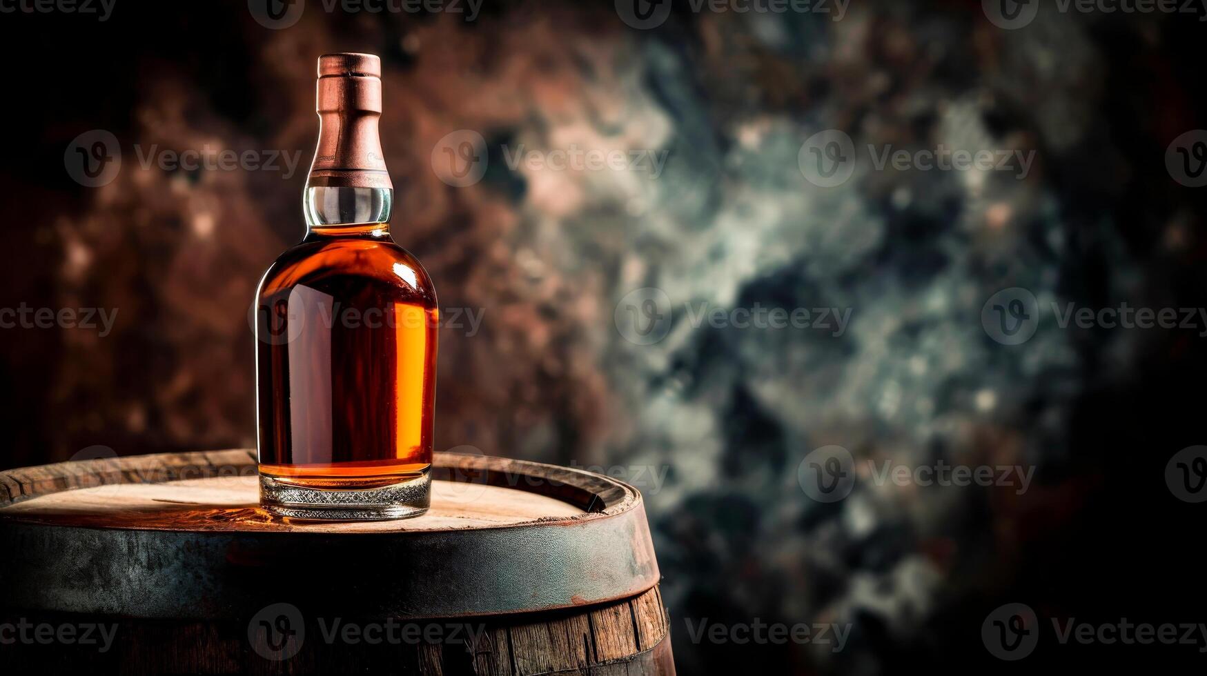 AI Generated Premium whiskey in a bottle atop an oak barrel, with a blurred stony backdrop. photo