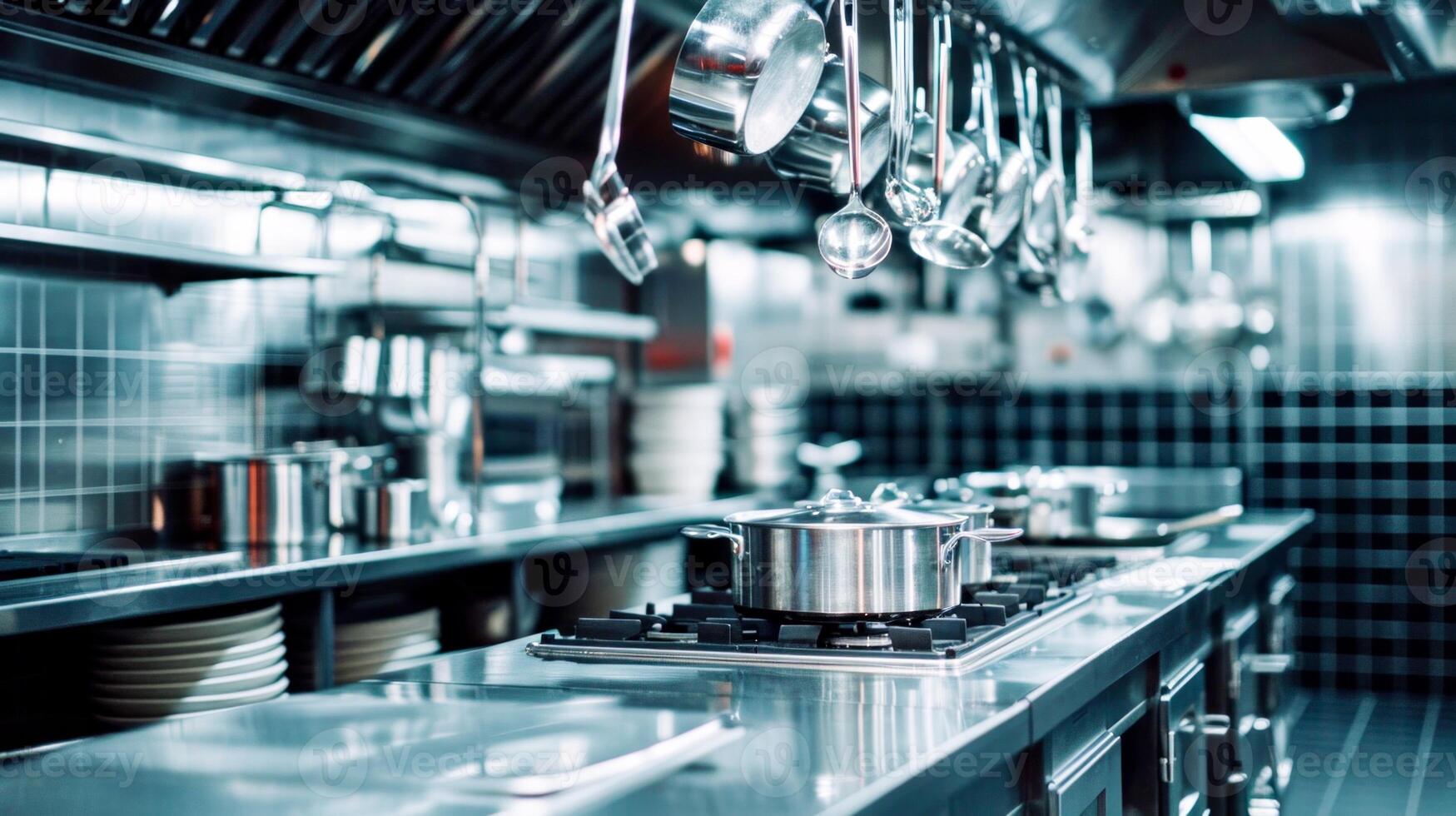 AI Generated light modern industrial kitchen in high-tech style made of shiny metal, industrial kitchen space in a restaurant with shiny clean pots and pans hanging above, day off photo