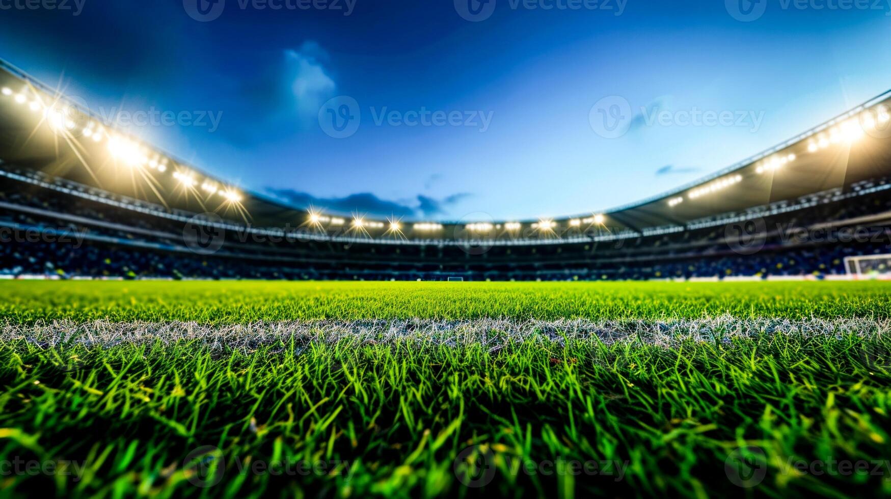 AI Generated A vibrant soccer field with stadium lights aglow under an evening sky. photo