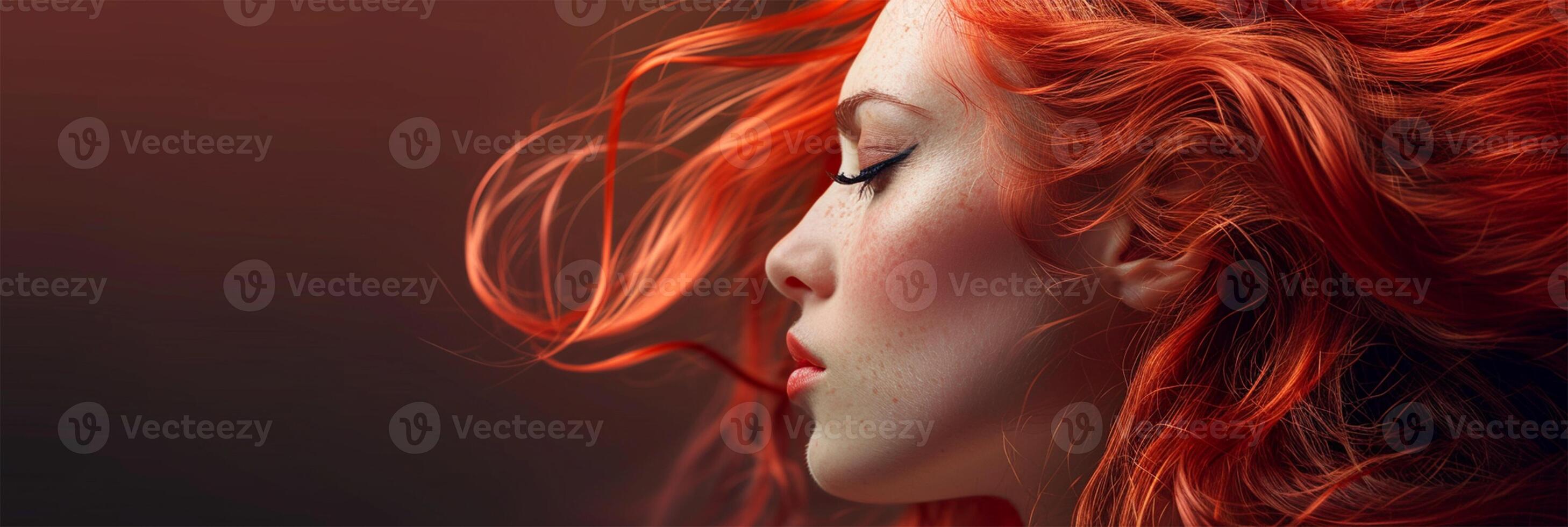 ai generado hermosa antecedentes con rojo cabello, Copiar espacio .artístico interpretación de un mujer con ardiente rojo pelo fluido en un soplado por el viento estilo. foto