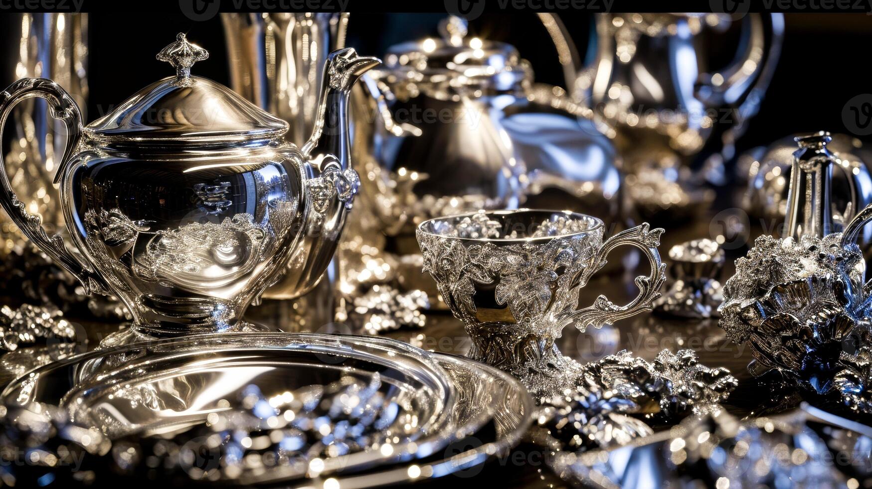 AI Generated A luxurious collection of polished antique silverware, intricately designed, elegantly displayed with reflections. luxury product marketing, or sophisticated interior decor imagery. photo