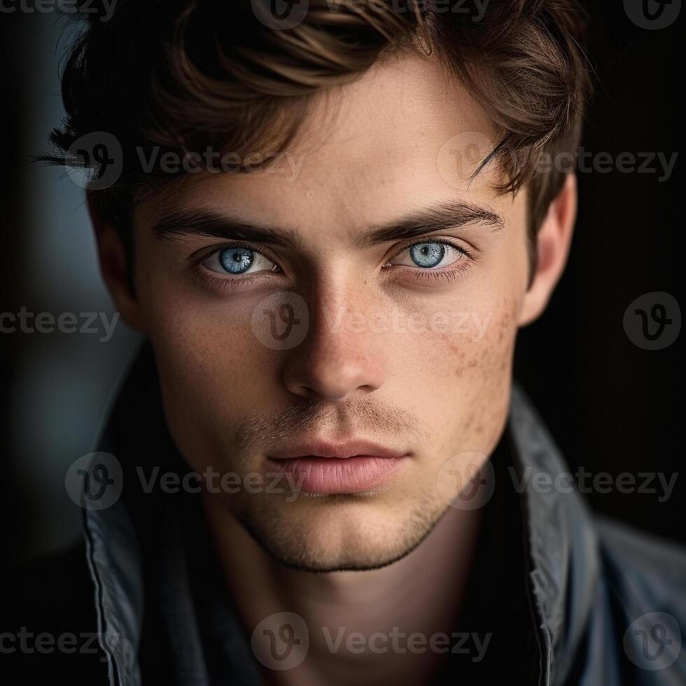 AI Generated Close-up of a man with striking blue eyes and freckles, indoors. photo