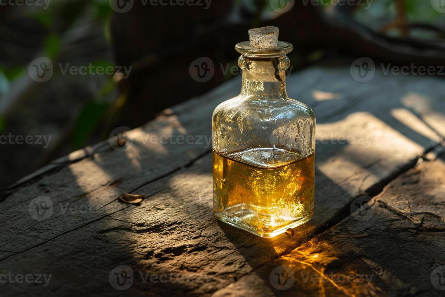 AI Generated Vintage glass bottle with liquid on a rustic wooden surface. photo