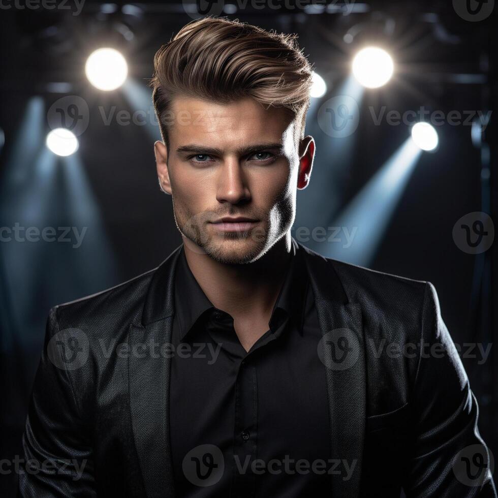 AI Generated Handsome man with styled hair posing in a black shirt under stage lights. photo