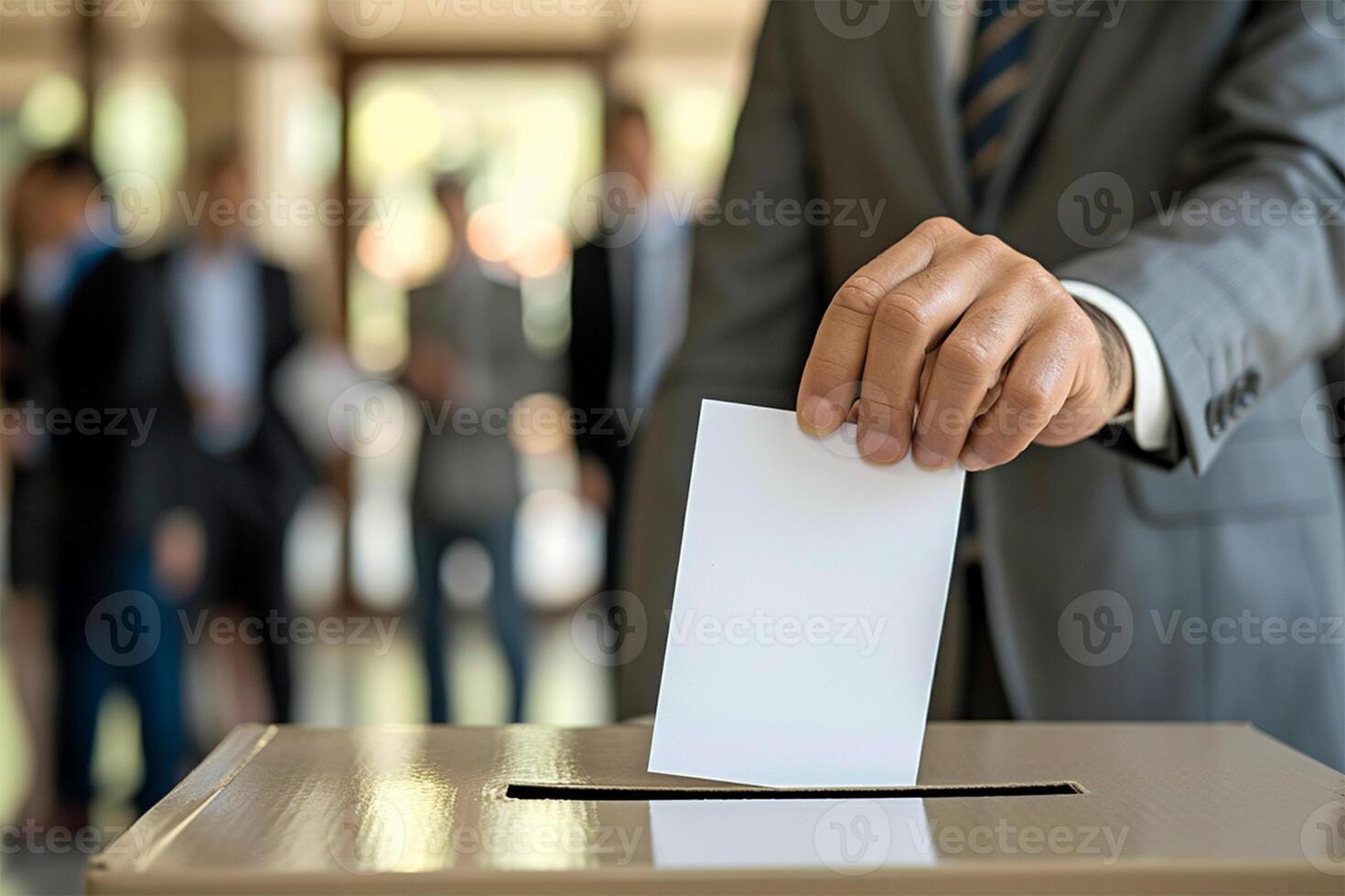 AI Generated  Citizen placing a voting slip into a ballot box with other voters in the background.Civic Duty. Ballot Casting at Polling Station. photo