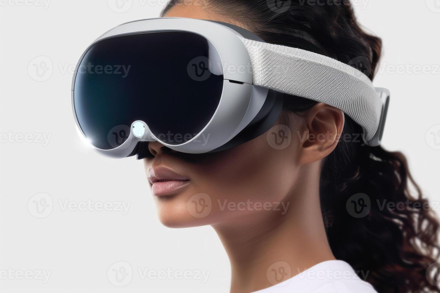 AI generated Young woman wearing a mixed reality headset and experiencing simulation, metaverse and cyberspace. photo