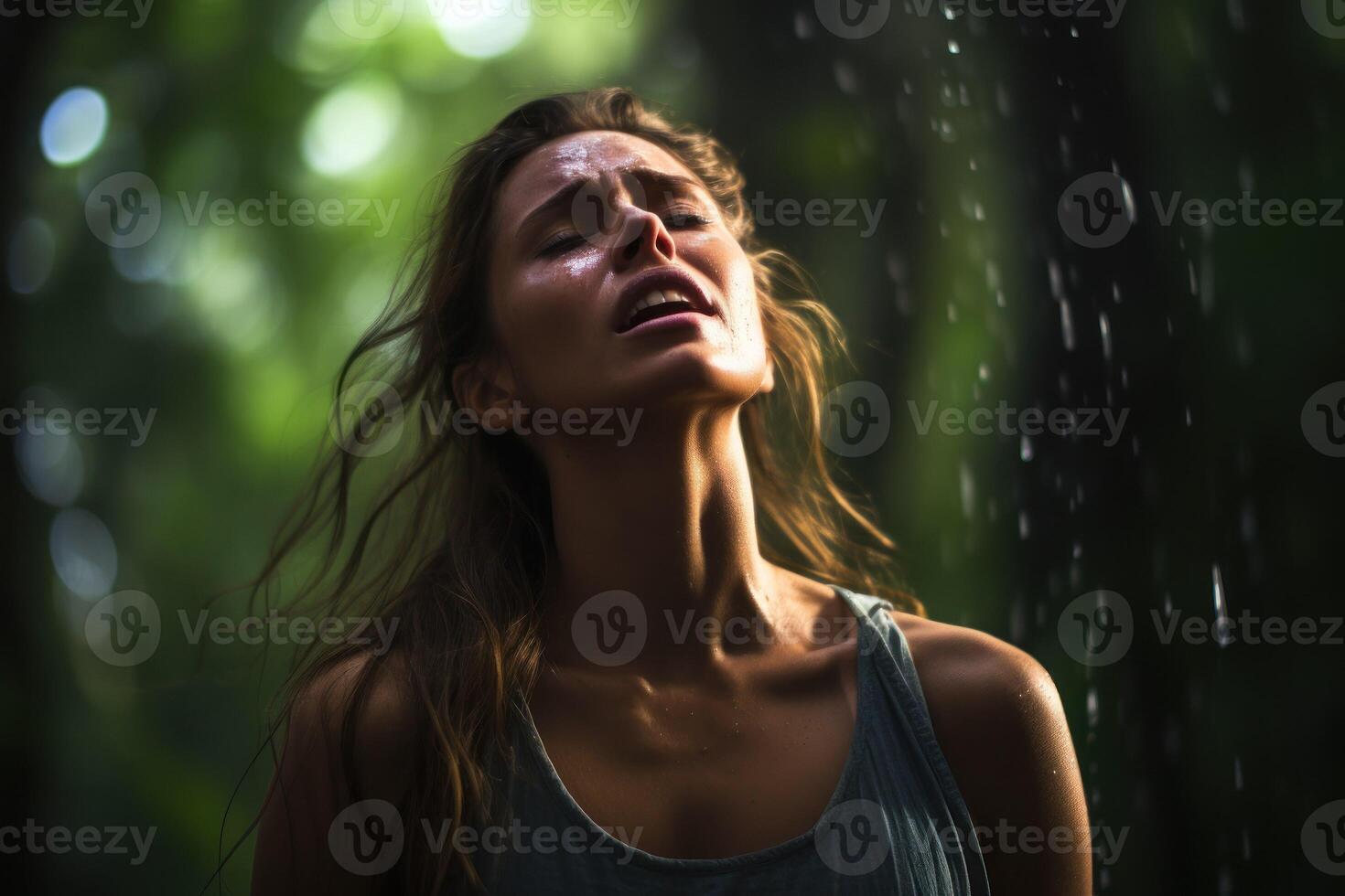 AI generated a woman is crying while standing in the water photo