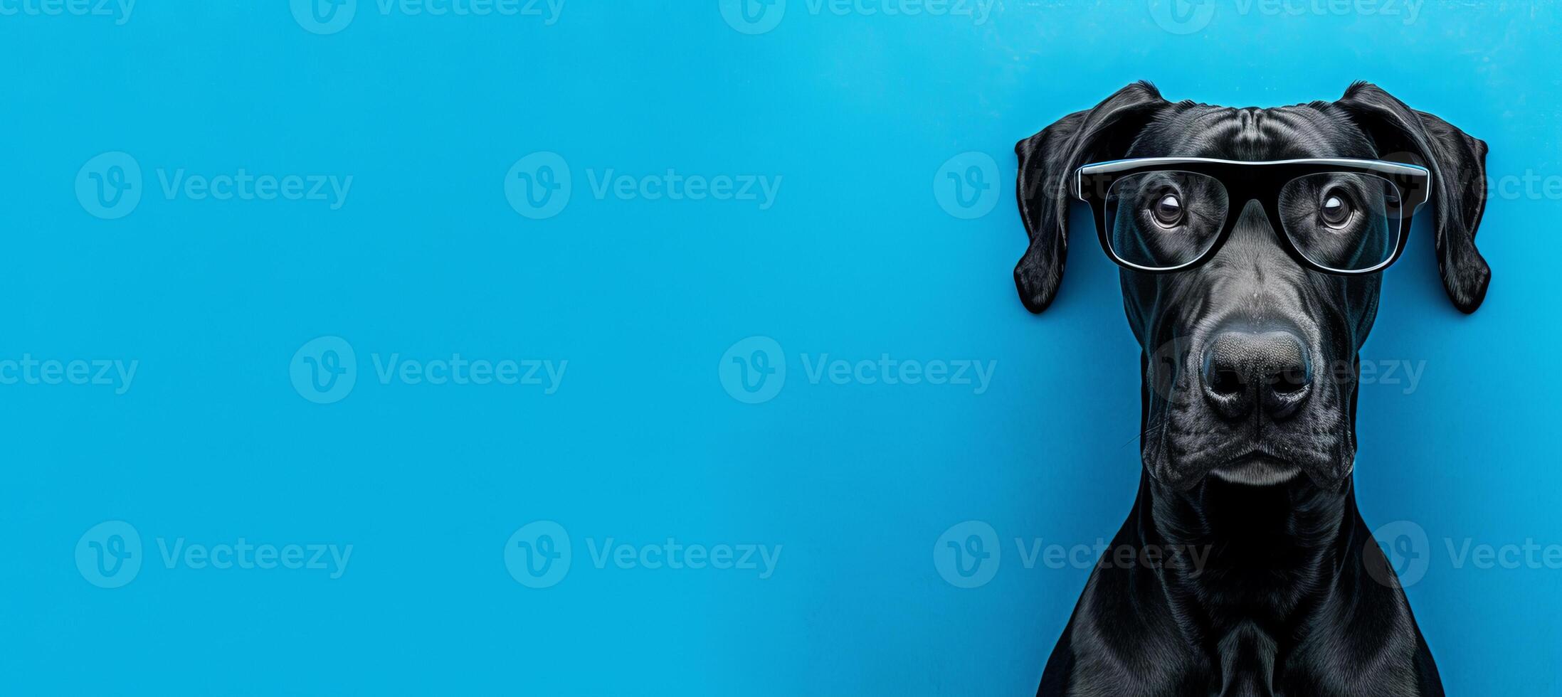 AI generated Intelligent canine wearing stylish black glasses, isolated on blue background with space for text photo