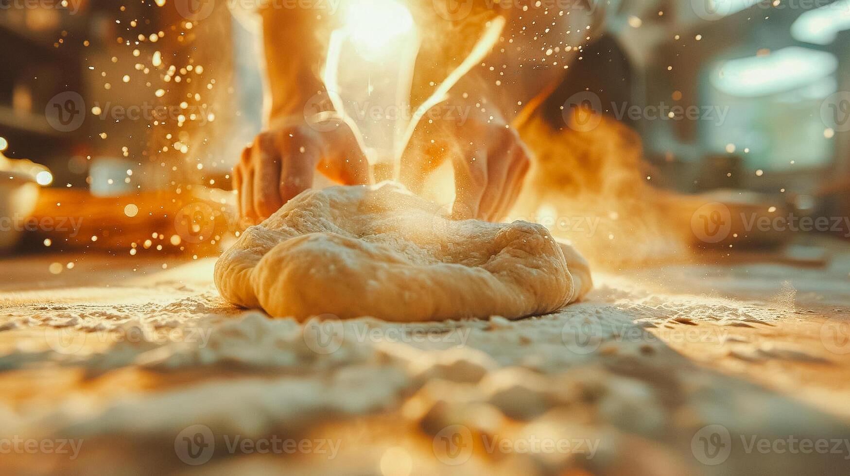 ai generado artesano panadero amasadura masa con harina explosión. de cerca de manos amasadura un pan masa con un dinámica Estallar de harina, destacado por calentar luz de sol. foto