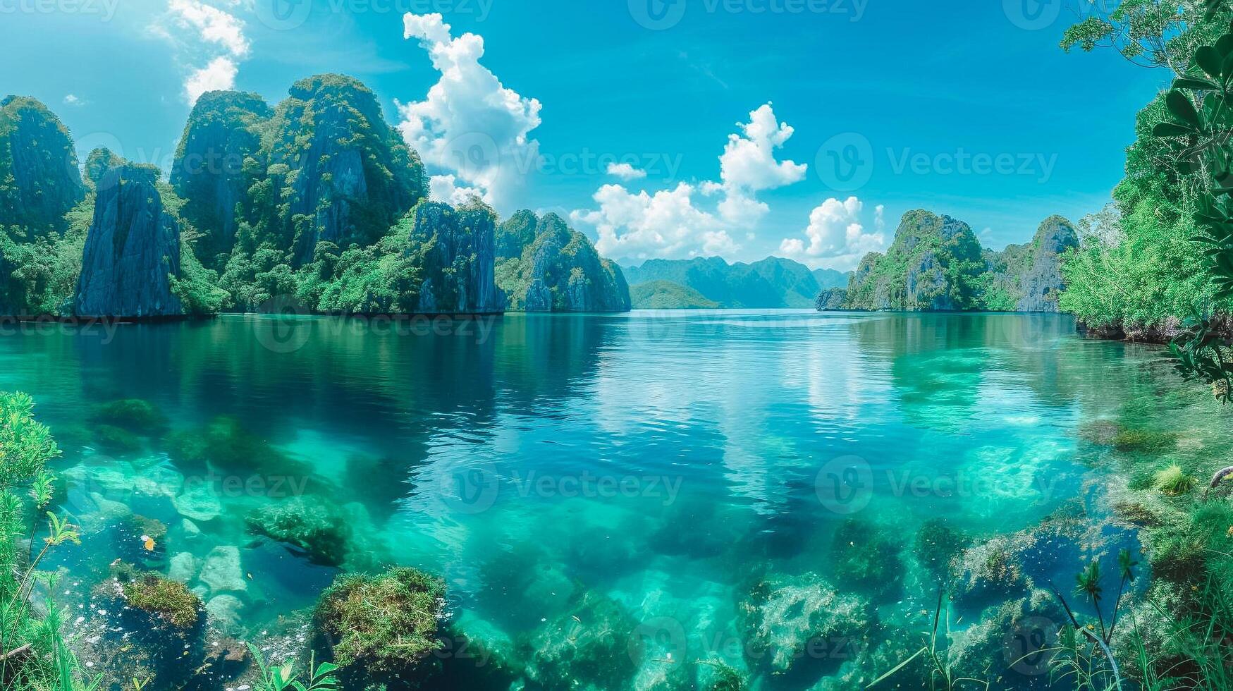 AI generated Scenic Tropical Lagoon with Limestone Cliffs. Panoramic view of a tranquil tropical lagoon, showcasing crystal clear waters, dramatic limestone cliffs, and lush foliage under a blue sky. photo