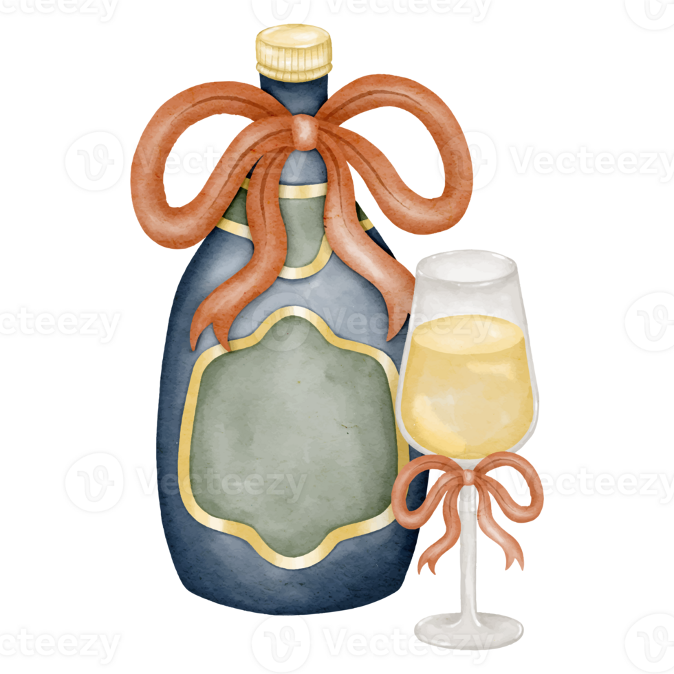 flaska av champagne med en glas av champagne och röd band rosett vattenfärg stil målning png