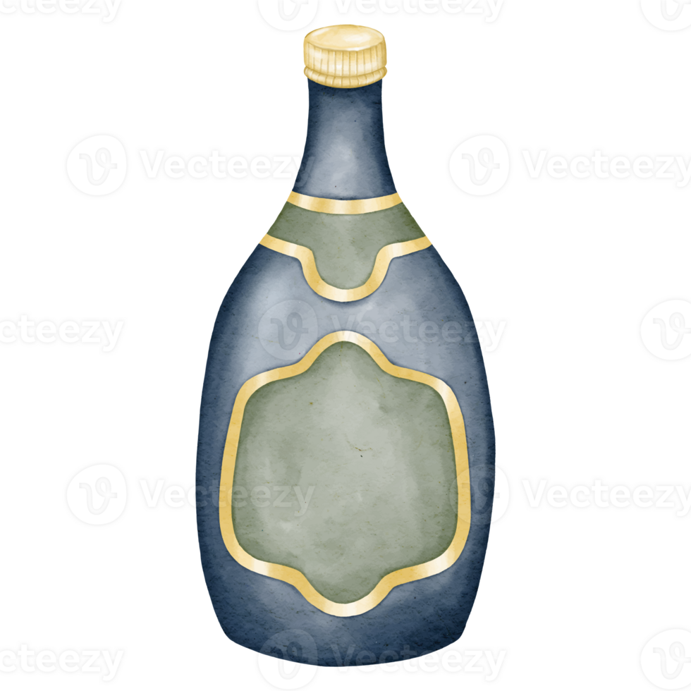 bottle of wine with gold design watercolor style painting png