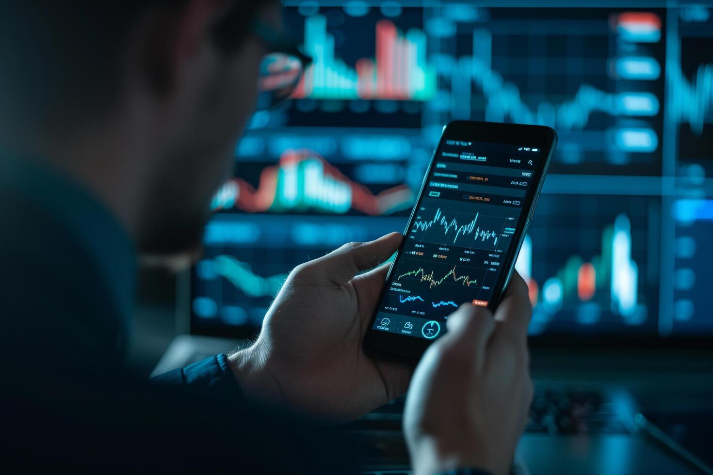 AI generated Man Analyzing Financial Data on Smartphone App with AI generated. photo