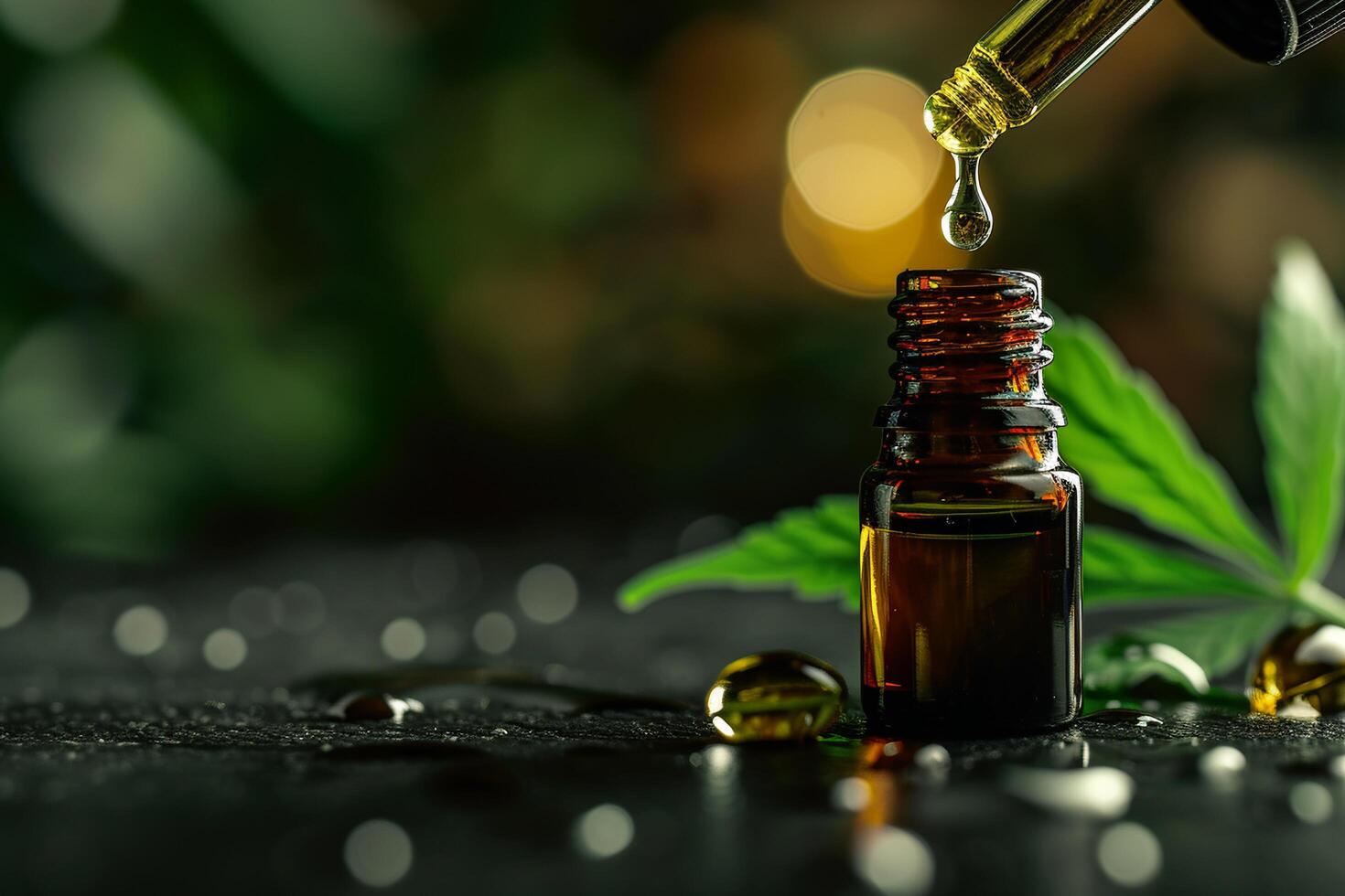 AI generated Glass dropper bottle with cosmetic oil on green background with palm leaf shadow. photo