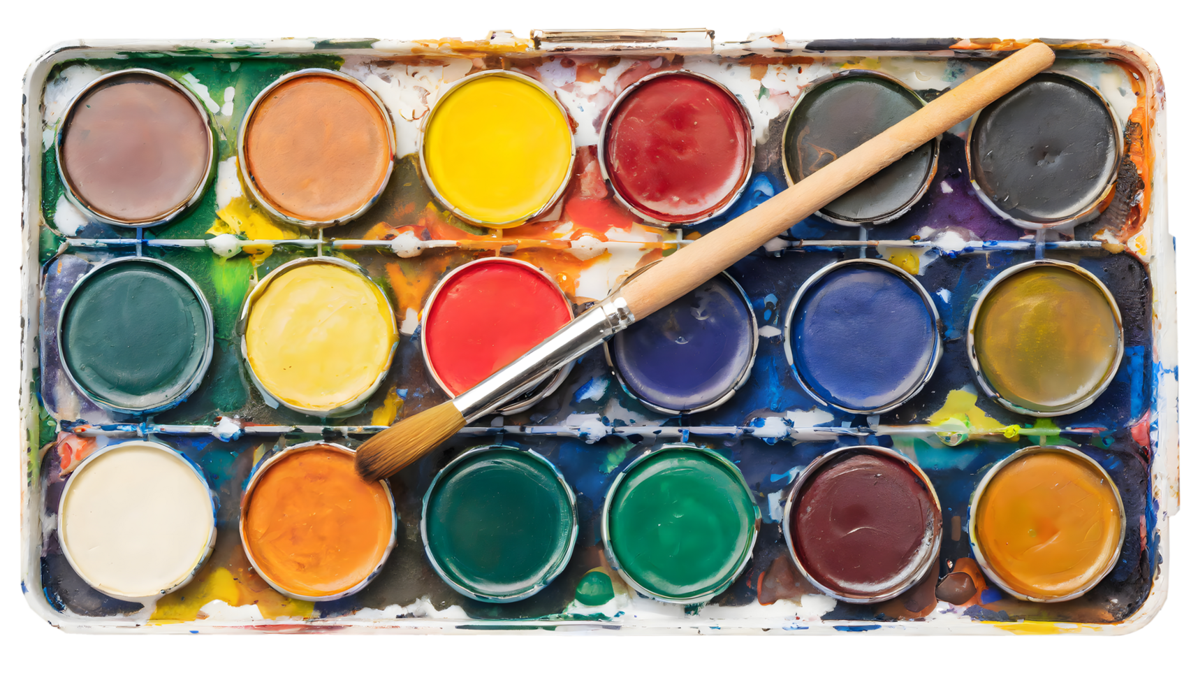 Palette of watercolor paints with paintbrush png