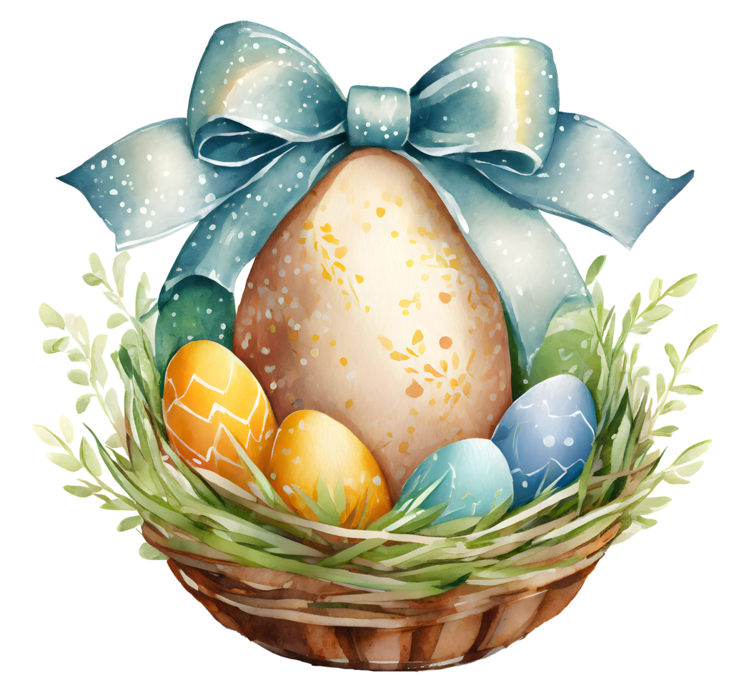 AI generated Watercolor illustration of Easter Day Easter eggs paint decorated in basket and grass flowers png